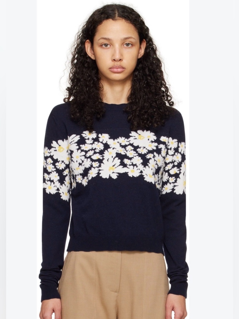 MSGM Navy Wool Floral Crewneck Sweater, Size Small